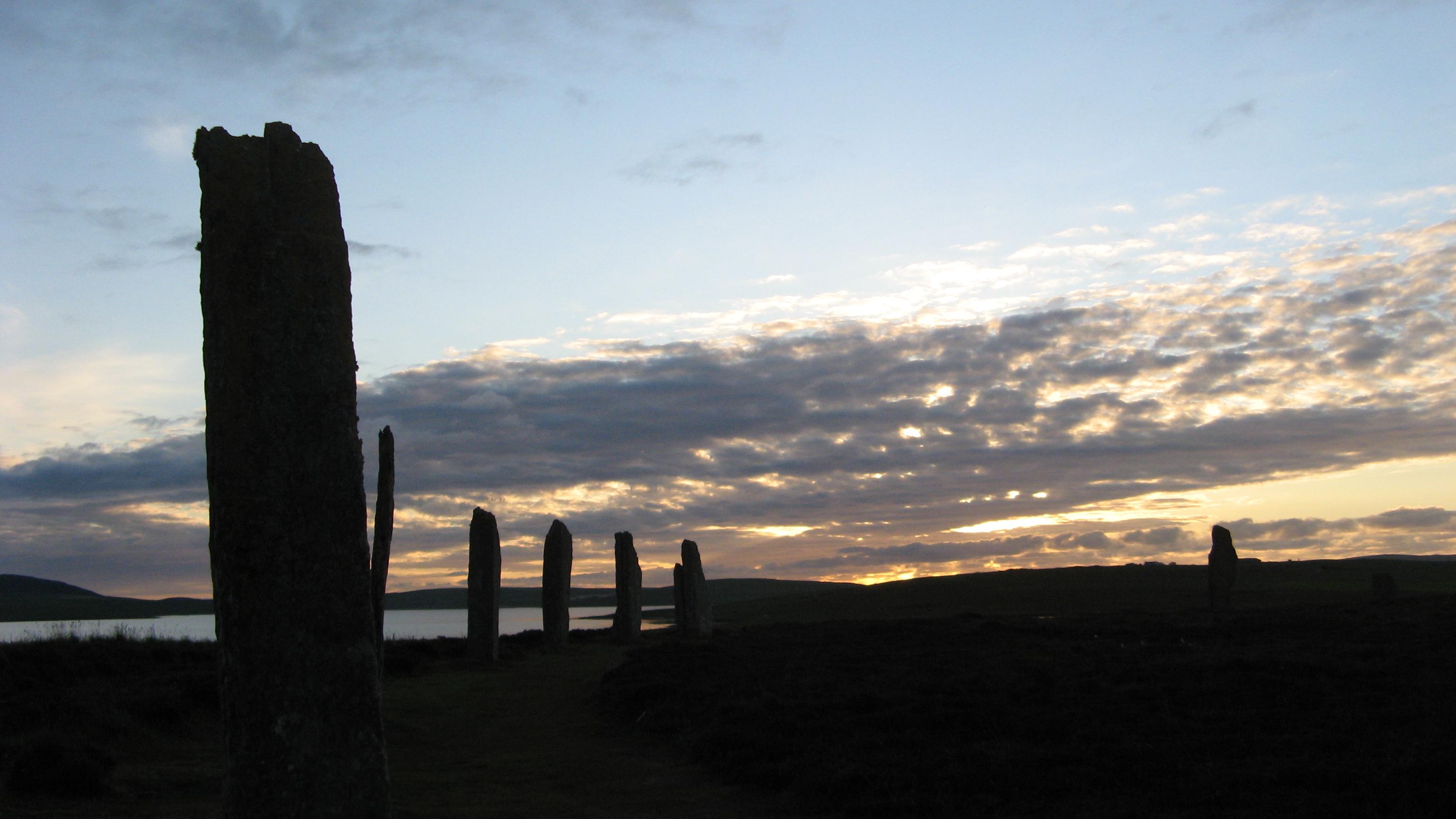 The ring of Brodgar standing stones at sunset